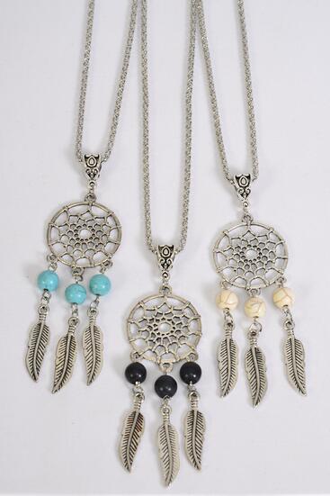 Necklace Silver Chain Metal Dream Catcher  Antique Semiprecious Stone / 12 pcs = Dozen match 02989 Pendant Size - 2.25" x 1" Wide , Chain-18" Extension Chain , 4 Ivory , 4 Black , 4 Turquoise Asst , Hang Tag & OPP Bag & UPC Code