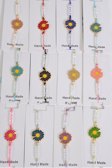 Bracelet Gold Daisy Enamel Multi / 12 pcs = Dozen Match 00087 Pull-String , Adjustable , 12 Color Mix , Individual Hang tag & OPP Bag & UPC Code