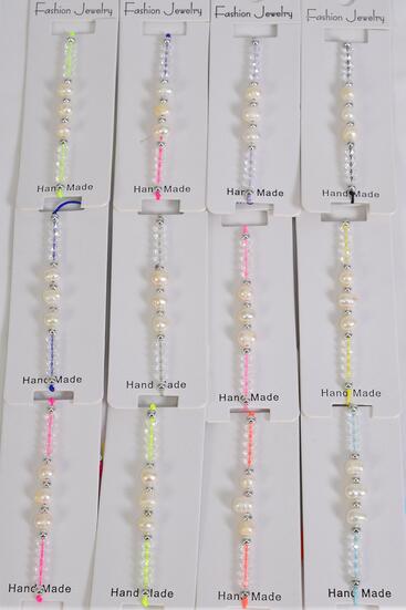 Bracelet Real Fresh Water Pearl & Glass Crystal Mix / 12 pcs = Dozen  Pull-String , Adjustable , 12 Color Mix,Individual Hang tag & OPP Bag & UPC Code