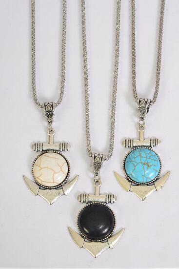 Necklace Silver Chain Metal Antique Nautical Anchor Semiprecious Stone / 12 pcs = Dozen Match 03086 Pendant - 1.75" x 1.5" Wide , Chain-18" Extension Chain , 4 Ivory , 4 Black , 4 Turquoise Asst , Hang Tag & OPP Bag & UPC Code