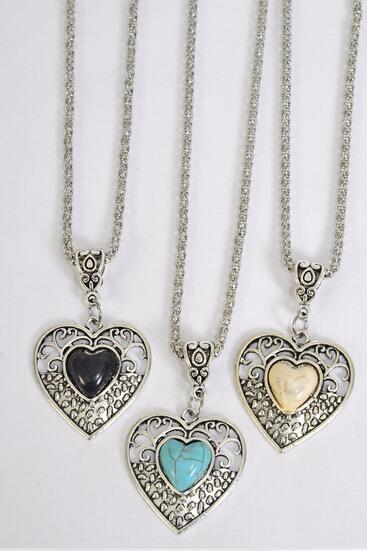 Necklace Silver Chain Antique Heart Semiprecious Stone / 12 pcs = Dozen Match 03089 Pendant - 1.75" x 1.25" Wide , Chain-18" Extension Chain , 4 Ivory , 4 Black , 4 Turquoise Asst , Hang Tag & OPP Bag & UPC Code