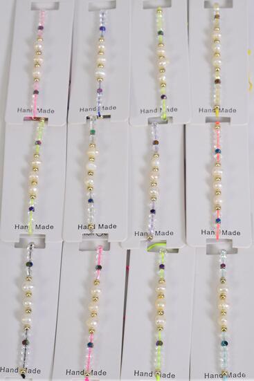Bracelet Real Fresh Water Pearl & Glass Crystal Mix / 12 pcs = Dozen Pull-String , Adjustable ,12 Color Mix , Individual Hang tag & OPP Bag & UPC Code