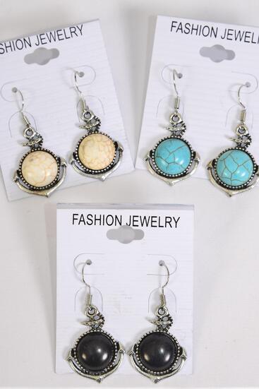 Earrings Metal Antique Nautical Anchor Real Semiprecious Stone / 12 pair = Dozen Fish Hook , Size - 1" x 1" Wide , 4 Black , 4 Ivory , 4 Turquoise Color Asst , Earring Card & OPP Bag & UPC Code 