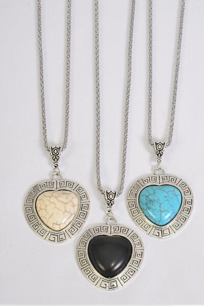 Necklace Silver Chain Metal Antique Heart Semiprecious Stone / 12 pcs = Dozen match 02932 25639 Pendant - 1.5" x 1.25" Wide , Chain - 18" Extension Chain , 4 Ivory , 4 Black , 4 Turquoise Asst , Hang Tag & OPP Bag & UPC Code