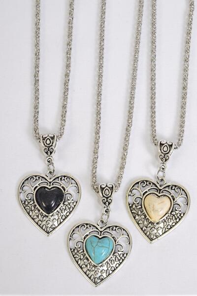 Necklace Silver Chain Antique Heart Semiprecious Stone / 12 pcs = Dozen Match 03089 Pendant - 1.75" x 1.25" Wide , Chain-18" Extension Chain , 4 Ivory , 4 Black , 4 Turquoise Asst , Hang Tag & OPP Bag & UPC Code