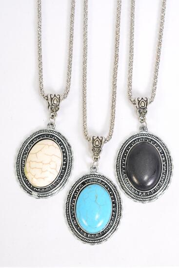 Necklace Silver Chain Metal Antique Oval Semiprecious Stone / 12 pcs = Dozen Pendant - 1.75" x 1.25" Wide , Chain - 18" Extension Chain , 4 Ivory , 4 Black , 4 Turquoise Asst , Hang Tag & OPP Bag & UPC Code