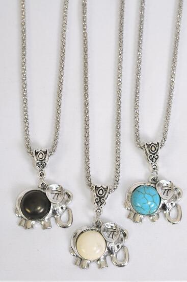 Necklace Silver Chain Elephant Semiprecious Stone / 12 pcs = Dozen  match 02668 Pendant - 1" x 1" Wide , Chain - 18" Extension Chain , 4 Ivory , 4 Black , 4 Turquoise Asst , Hang Tag & OPP Bag & UPC Code