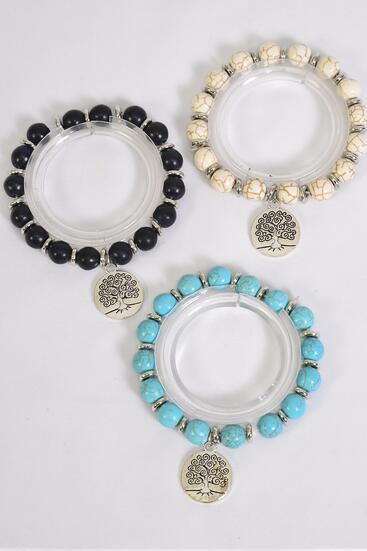 Bracelet 10 mm Semiprecious Stone Silver Tree of Life Charm / 12 pcs  = Dozen Stretch , 4 Black , 4 Ivory , 4 Turquoise Asst , Hang Tag & OPP Bag & UPC Code