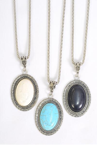 Necklace Silver Chain Metal Antique Oval Semiprecious Stone / 12 pcs = Dozen Pendant - 1.75" x 1.25" Wide , Chain - 18" Extension Chain , 4 Ivory , 4 Black , 4 Turquoise Asst , Hang Tag & OPP Bag & UPC Code