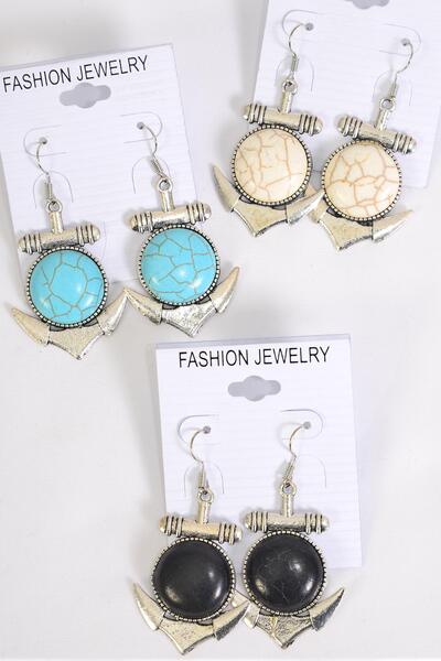Earrings Metal Antique Nautical Anchor Semiprecious Stone / 12 pair = Dozen Match 70012 Post , Size- 2" Wide , 6 Green Turquoise , 6 Multi Color Asst , Earring Card & OPP Bag & UPC Code