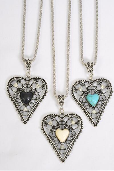 Necklace Silver Chain Metal Antique Filigree Heart Semiprecious Stone / 12 pcs = Dozen  Pendant - 1.75" x 1.5" Wide , Chain - 18" Extension Chain , 4 Ivory , 4 Black , 4 Turquoise Asst , Hang Tag & OPP Bag & UPC Code