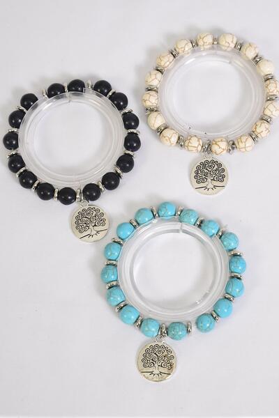 Bracelet 10 mm Semiprecious Stone Silver Tree of Life Charm / 12 pcs  = Dozen Stretch , 4 Black , 4 Ivory , 4 Turquoise Asst , Hang Tag & OPP Bag & UPC Code