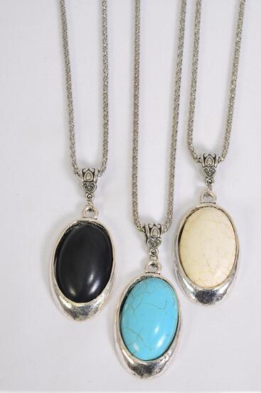 Necklace Silver Chain Metal Oval Antique Round Semiprecious Stone / 12 pair = Dozen Pendant - 1.75" x 1.25" Wide , Chain - 18" Extension Chain , 4 Ivory , 4 Black , 4 Turquoise Asst , Hang Tag & OPP Bag & UPC Code