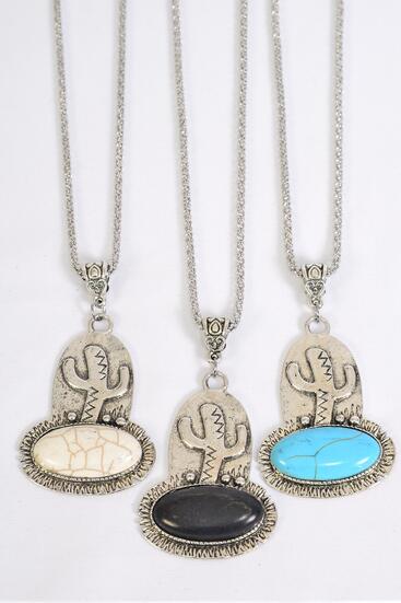 Necklace Silver Chain Metal Antique Cactus Semiprecious Stone / 12 pcs = Dozen  Pendant - 1.5" x 1.25" Wide , Chain -18" Extension Chain , 4 Ivory , 4 Black , 4 Turquoise Color Color Asst , Hang Tag & OPP Bag & UPC Code