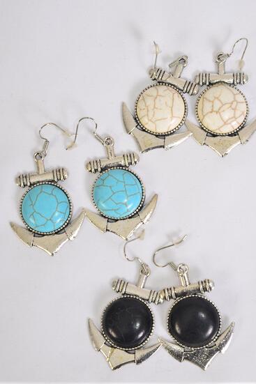 Earrings Metal Antique Nautical Anchor Semiprecious Stone / 12 pair = Dozen Match 70012 Fish Hook , Size - 1.5" x 1.25" Wide , 4 Black , 4 Ivory , 4 Turquoise Asst , Earring Card & OPP Bag & UPC Code 