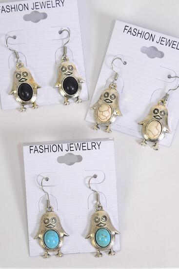 Earrings Metal Antique Penguin Real Semiprecious Stone / 12 pair = Dozen Fish Hook , Size - 1" x  0.75" Wide , 4 Black , 4 Ivory , 4 Turquoise Asst , Earring Card & OPP Bag & UPC Code 