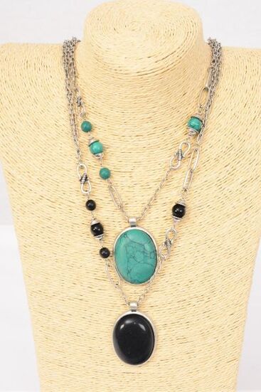 Necklace Fancy Chain Semiprecious Stone Pendant / 12 pcs = Dozen Pendant Size - 1.75" x 1.25" Wide , 30" Long , Display Card & OPP Bag & UPC Code , Choose Colors