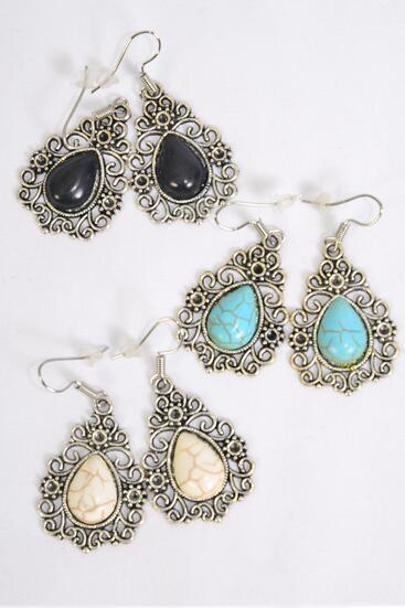Earrings Metal Antique Teardrop Semiprecious Stone / 12 pair = Dozen Fish Hook , Size - 1.25" x 1" Wide , 4 Black , 4 Ivory , 4 Turquoise Asst , Earring Card & OPP Bag & UPC Code