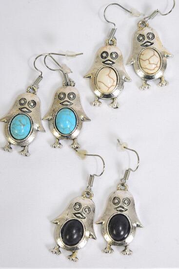 Earrings Metal Antique Penguin Real Semiprecious Stone / 12 pair = Dozen Fish Hook , Size - 1" x 0.75" Wide , 4 Black , 4 Ivory , 4 Turquoise Asst , Earring Card & OPP Bag & UPC Code 