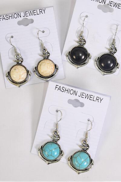 Earrings Metal Antique Nautical Anchor Real Semiprecious Stone / 12 pair = Dozen Fish Hook , Size - 1" x 1" Wide , 4 Black , 4 Ivory , 4 Turquoise Color Asst , Earring Card & OPP Bag & UPC Code 
