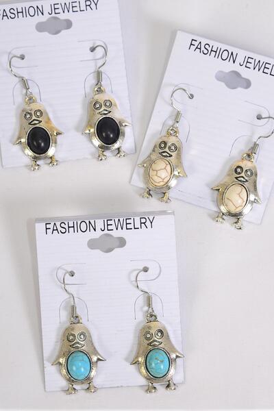 Earrings Metal Antique Penguin Real Semiprecious Stone / 12 pair = Dozen Fish Hook , Size - 1" x  0.75" Wide , 4 Black , 4 Ivory , 4 Turquoise Asst , Earring Card & OPP Bag & UPC Code 