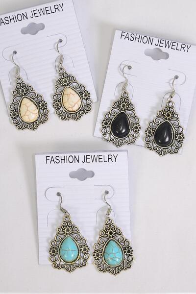 Earrings Metal Antique Teardrop Semiprecious Stone / 12 pair = Dozen Fish Hook , Size - 1.25" x 1" Wide , 4 Black , 4 Ivory , 4 Turquoise Asst , Earring Card & OPP Bag & UPC Code