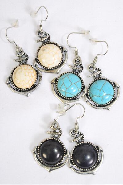 Earrings Metal Antique Nautical Anchor Semiprecious Stone / 12 pair = Dozen Match 70012 Fish Hook , Size - 1" x 1" Wide , 4 Black , 4 Ivory , 4 Turquoise Asst , Earring Card & OPP Bag & UPC Code