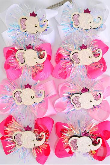 Hair Bow 24 pcs Center Elephant Charm Pink Mix Grosgrain Bow-tie / 24 pcs Bow = Dozen  Alligator Clip , Size - 3.5" x 3" Wide , 3 White , 3 Baby Pink , 3 Hot Pink , 3 Fuchsia Color Asst , Clip Strip & UPC Code