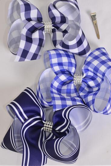 Hair Bow Jumbo Navy Plaid Stripe Mix Grosgrain Bow-tie / 12 pcs Bow = Dozen  Alligator Clip , Size - 6" x 5" Wide , 4 Of each Pattern Asst , Clip Strip and UPC Code