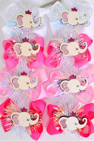 Hair Bow 24 pcs Center Elephant Charm Pink Mix Grosgrain Bow-tie / 24 pcs Bow = Dozen  Alligator Clip , Size - 3.5" x 3" Wide , 3 White , 3 Baby Pink , 3 Hot Pink , 3 Fuchsia Color Asst , Clip Strip & UPC Code