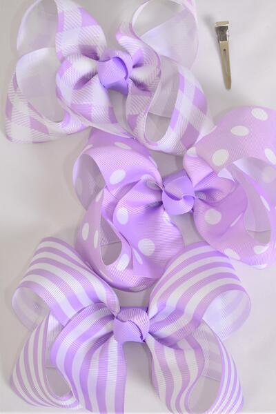 Hair Bow Jumbo Plaid Polka dots Stripe Mix Grosgrain Bow-tie Lavender / 12 pcs Bow = Dozen Lavender , Alligator Clip , Bow - 6" x 5" Wide , 4 of each Pattern Asst , Clip Strip & UPC Code