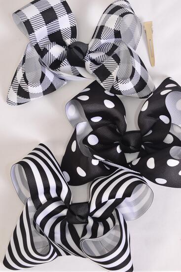 Hair Bow Jumbo Plaid Polka dots Stripe Mix Grosgrain Bow-tie Black Mix / 12 pcs Bow = Dozen Alligator Clip , Bow - 6" x 5" Wide , 4 of each Pattern Asst , Clip Strip & UPC Code