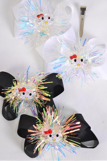  Hair Bow 24 pcs Center Iridescent w Kitty Charm Grosgrain Bow-tie Black and White Color Mix / 12 pair Bow = Dozen Alligator Clip , Size - 3.5" x 3" Wide , 6 Black , 6 White Color Asst , Clip Strip & UPC Code