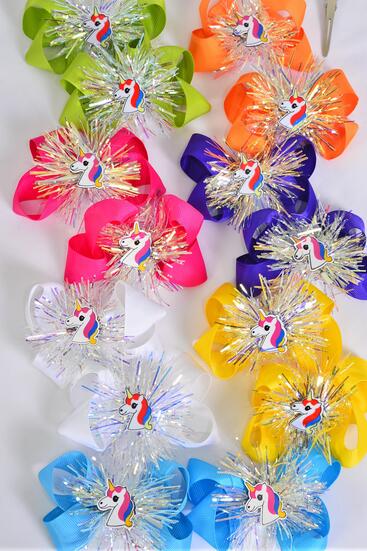 Hair Bow 24 pcs Iridescent Center Unicorn Charm Citrus Grosgrain Bow-tie / 24 pcs Bow = Dozen  Alligator Clip , Size - 3.5" x 3" Wide , 2 Fuchsia , 2 Blue , 2 Yellow , 2 Purple , 2 White , 1 Lime , 1 Orange Color Mix , Clip Strip & UPC Code