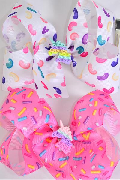 Hair Bow Jelly Bean Sprinkles Pattern Mix Center w Unicorn Charm Grosgrain Bow-tie / 12 pcs Bow = Dozen  Alligator Clip , Size - 6" x 5" Wide , 6 of each Pattern Asst , Clip Strip & UPC Code