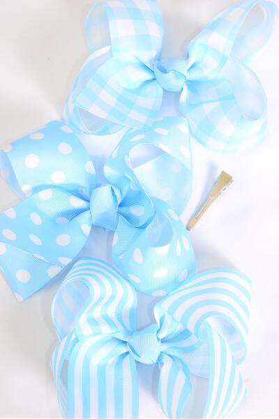 Hair Bow Jumbo Plaid Polka dots Stripe Mix Grosgrain Bow-tie Baby Blue Mix / 12 pcs Bow = Dozen Baby Blue Mix , Alligator Clip , Bow - 6" x 5" Wide , 4 of each Pattern Asst , Clip Strip & UPC Code