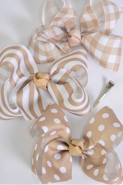 Hair Bow Jumbo Plaid Polka dots Stripe Mix Grosgrain Bow-tie Khaki Mix / 12 pcs Bow = Dozen Khaki , Alligator Clip , Bow - 6" x 5" Wide , 4 of each Pattern Asst , Clip Strip & UPC Code