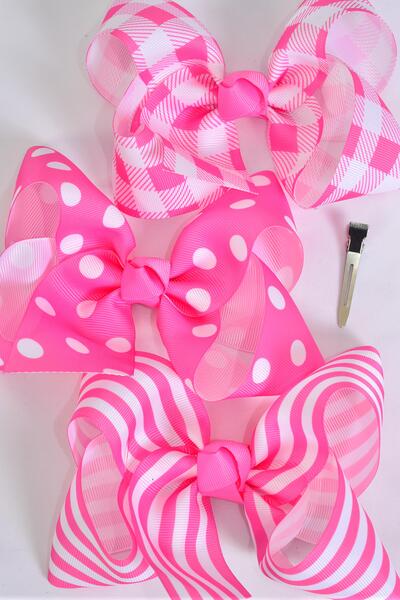 Hair Bow Jumbo Plaid Polka dots Stripe Mix Grosgrain Bow-tie Pink Mix / 12 pcs Bow = Dozen Pink Mix , Alligator Clip , Bow - 6 " x 5" Wide , 4 of each Pattern Asst , Clip Strip & UPC Code