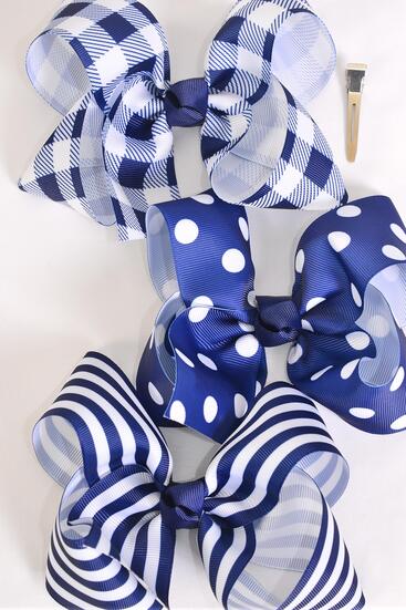Hair Bow Jumbo Plaid Polka dots Stripe Pattern Mix Grosgrain Bow-tie Navy / 12 pcs Bow = Dozen Navy , Alligator Clip , Bow - 6" x 5" Wide , 4 of each Pattern Asst , Clip Strip & UPC Code