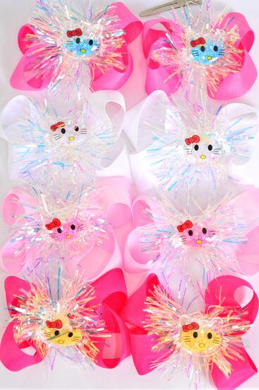 Hair Bow 24 pcs Center Iridescent w Kitty Charm Grosgrain Bow-tie Pink Mix / 12 pair Bow = Dozen Alligator Clip , Size - 3.5" x 3" Wide , 3 White , 3 Baby Pink , 3 Hot Pink , 3 Fuchsia Color Asst , Clip Strip & UPC Code