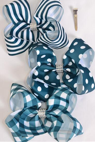 Hair Bow Jumbo Plaid Polka dots Stripe Mix Grosgrain Bow-tie Hunter Green Mix / 12 pcs Bow = Dozen Hunter Green , Alligator Clip , Bow - 6" x 5" Wide , 4 of each Pattern Asst , Clip Strip & UPC Code