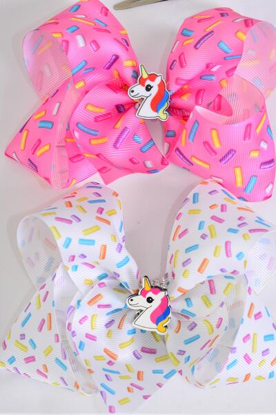 Hair Bow Sprinkles Center w Unicorn Charm Grosgrain Bow-tie / 12 pcs Bow = Dozen Alligator Clip , Size - 6.5" x 6" Wide , 6 Of Each Pattern Asst , Clip Strip & UPC Code
