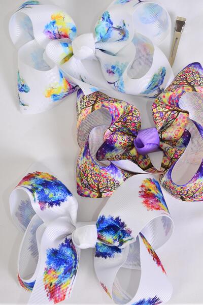 Hair Bow Jumbo Family Tree Foliage Tree Etc Grosgrain Bow-tie / 12 pcs Bow = Dozen  Alligator Clip , Size - 6" x 5" Wide , 4 Of Each Pattern Asst , Clip Strip and UPC Code