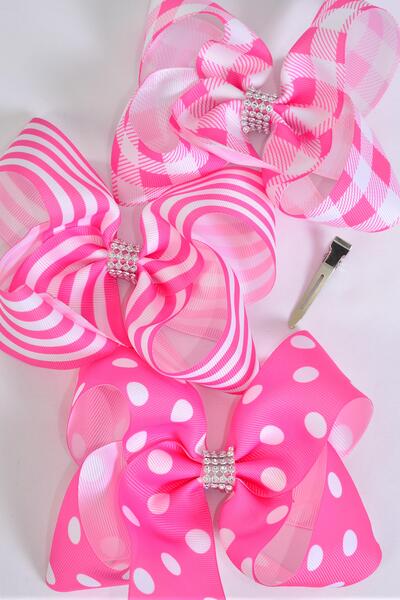 Hair Bow Jumbo Plaid Polka dots Stripe Mix Grosgrain Bow-tie Pink Mix / 12 pcs Bow = Dozen Pink Mix , Alligator Clip , Bow - 6 " x 5" Wide , 4 of each Pattern Asst , Clip Strip & UPC Code