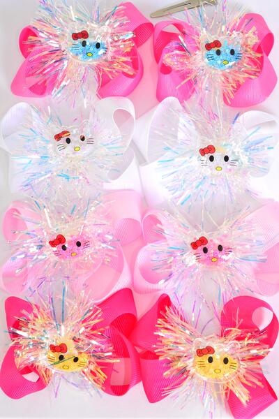 Hair Bow 24 pcs Center Iridescent w Kitty Charm Grosgrain Bow-tie Pink Mix / 12 pair Bow = Dozen Alligator Clip , Size - 3.5" x 3" Wide , 3 White , 3 Baby Pink , 3 Hot Pink , 3 Fuchsia Color Asst , Clip Strip & UPC Code