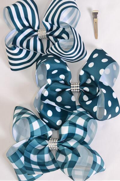 Hair Bow Jumbo Plaid Polka dots Stripe Mix Grosgrain Bow-tie Hunter Green Mix / 12 pcs Bow = Dozen Hunter Green , Alligator Clip , Bow - 6" x 5" Wide , 4 of each Pattern Asst , Clip Strip & UPC Code