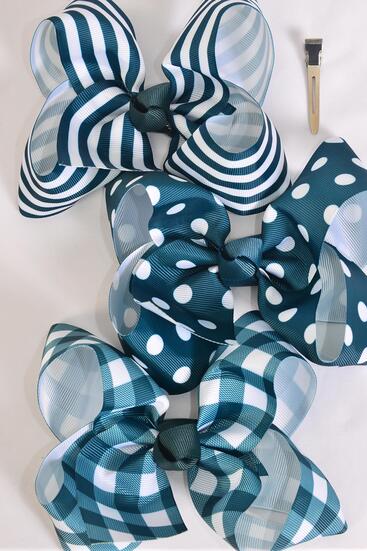 Hair Bow Jumbo Plaid Polka dots Stripe Mix Grosgrain Bow-tie Hunter Green Mix / 12 pcs Bow = Dozen Hunter Green , Alligator Clip , Bow - 6" x 5" Wide , 4 of each Pattern Asst , Clip Strip & UPC Code
