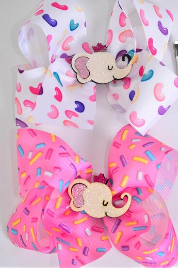 Hair Bow Jelly Bean Sprinkles Pattern Mix center w Elephant Charm Grosgrain Bow-tie / 12 pcs Bow = Dozen Alligator Clip , Size - 6.5" x 6" Wide , 6 Of Each Pattern Asst , Clip Strip & UPC Code
