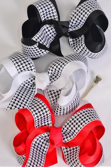 Hair Bow Jumbo Double Layered Hound tooth Grosgrain Bow-tie / 12 pcs Bow = Dozen Alligator Clip , Bow - 6 x 5" Wide , 4 White , 4 Red , 4 Navy Color Asst , Clip Strip and UPC Code