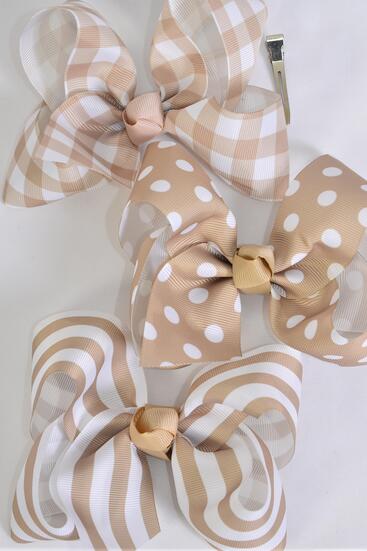 Hair Bow Jumbo Plaid Polka dots Stripe Mix Grosgrain Bow-tie Khaki Mix / 12 pcs Bow = Dozen Khaki , Alligator Clip , Bow - 6" x 5" Wide , 4 of each Pattern Asst , Clip Strip & UPC Code